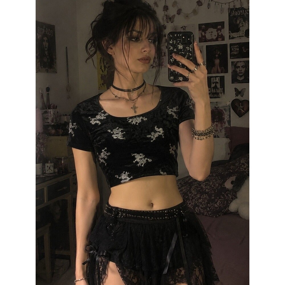 Vintage Y2k early 2000s Black Velour Dragon Graphic Print Baby Tee Whimsygoth